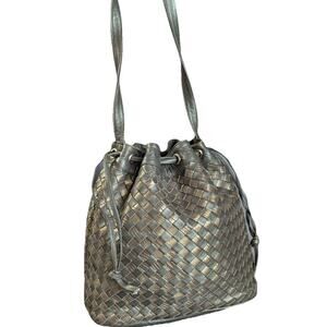 Vtg Jay Herbert Woven Leather Crossbody Bucket Drawstring Bag Bronze Gray Purse